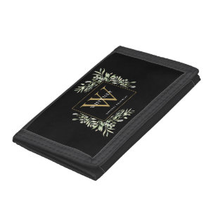 Black Gold Monogram Elegant Modern Greenery Trifold Wallet