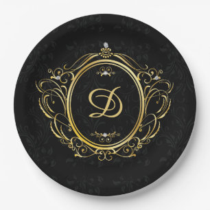 Black gold Monogram elegant Paper Plate