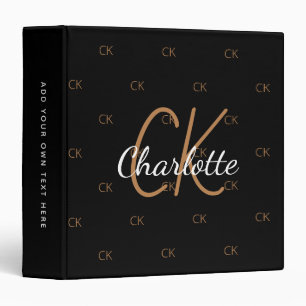 Black gold monogram elegant script office school binder