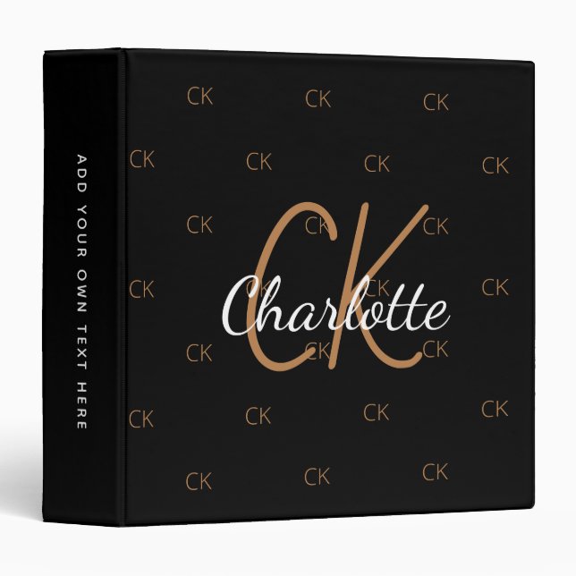 Black gold monogram elegant script office school binder (Front/Spine)