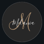 Black Gold Monogram Elegant Stylish Script Name   Classic Round Sticker<br><div class="desc">Black Gold Monogram Elegant Stylish Script Name Classic Round Sticker</div>
