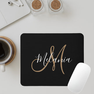 Black Gold Monogram Elegant Stylish Script Name Mouse Pad