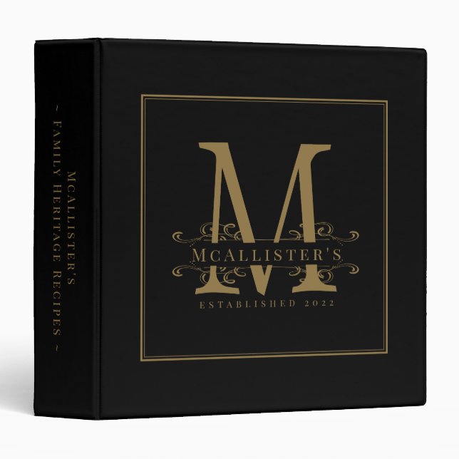 Black Gold Monogram Family Established Recipe Binder (Front/Spine)