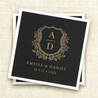Black Gold Monogram Floral Crest Wedding