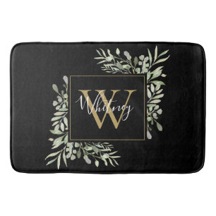 Black Gold Monogram Greenery Floral Bath Mat
