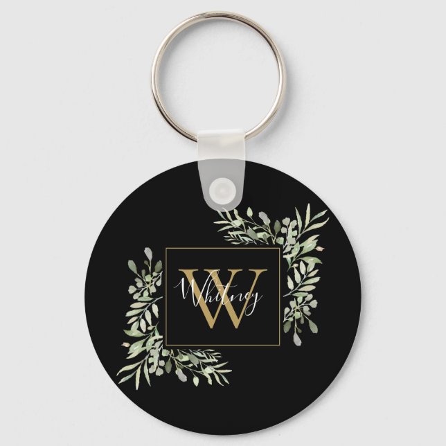 Black Gold Monogram Greenery Floral  Keychain (Front)