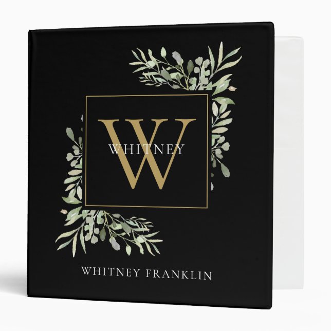 Black Gold Monogram Greenery School Office Binder (Front/Inside)