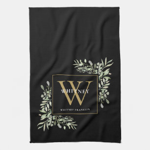 Black Gold Monogram Greenery Watercolor Leaves Kit Kitchen Towel