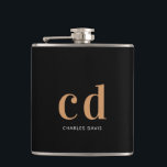 Black gold monogram groomsman hip flask<br><div class="desc">A classic black background,  golden coloured text. Personalize and add your monogram initials and your name. For wedddings,  groomsmen,  birthdays.</div>