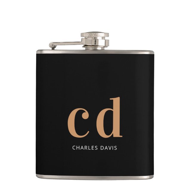 Black gold monogram groomsman hip flask (Front)