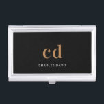 Black gold monogram initails name minimalist business card holder<br><div class="desc">A classic chic black background. Personalize and add your monogram initials and your name. Modern,  trendy and simple. For both him and her.</div>