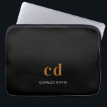 Black gold monogram initails name minimalist laptop sleeve<br><div class="desc">A classic chic black background. Personalize and add your monogram initials written with white block letters and your name in white. Modern,  trendy and simple.</div>