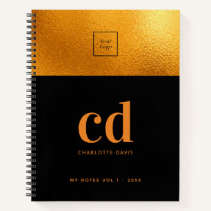 Black gold monogram initial business logo notebook