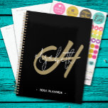 Black Gold Monogram Initial Monthly Weekly  Planner<br><div class="desc">This spiral-bound planner features a gold monogram initial and your first name in white on a black background. Choose SOFT or HARD COVER and the colour of your spiral spine. Includes monthly and weekly planning space,  60 pages and 12 months. Fun for yourself or create as a gift.</div>