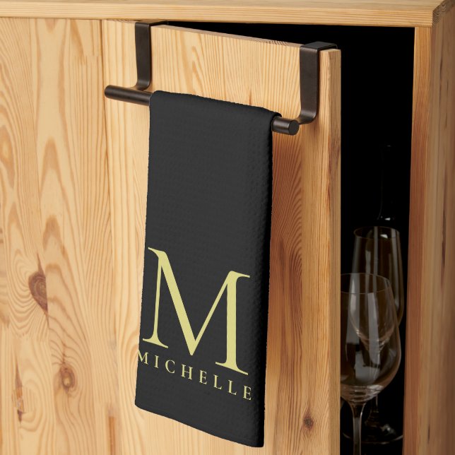Black Gold Monogram Initial Name Custom Template Kitchen Towel (Thirds Fold)