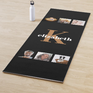 Black gold monogram initial name photo collage yoga mat