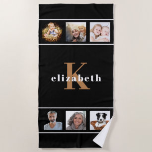 Black gold monogram initial photo collage modern beach towel