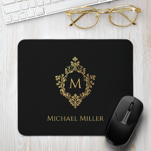 Black Gold Monogram Initial Vintage Crest Elegant Mouse Pad