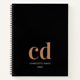 Black gold monogram initials minimalist modern notebook