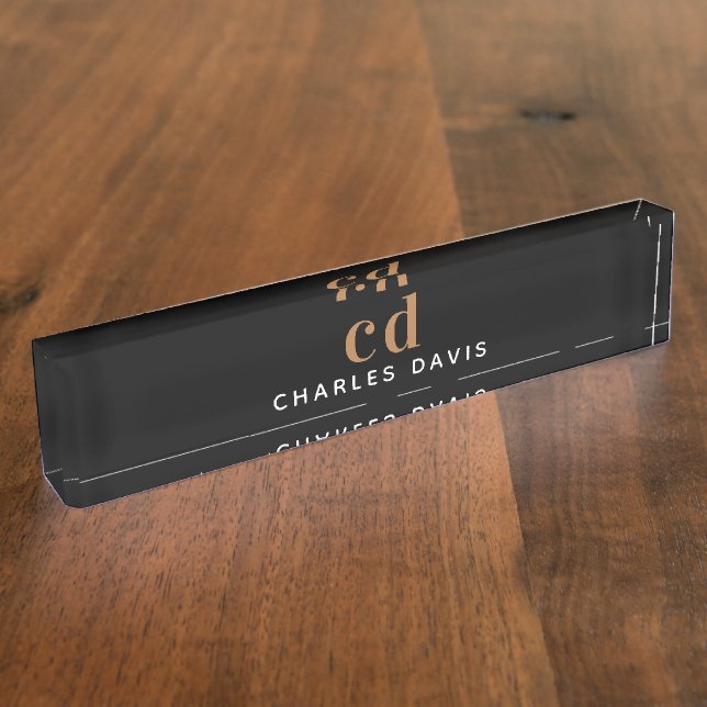Black gold monogram initials minimalist  nameplate (Side)