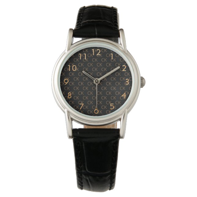 Black gold monogram initials minimalist woman watch (Front)