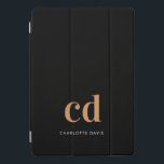 Black gold monogram initials modern elegant custom iPad pro cover<br><div class="desc">A classic chic black background. Personalize and add your monogram initials and your name. Golden and white letters. Modern,  trendy and simple.</div>