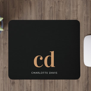 Black gold monogram initials modern elegant custom mouse pad
