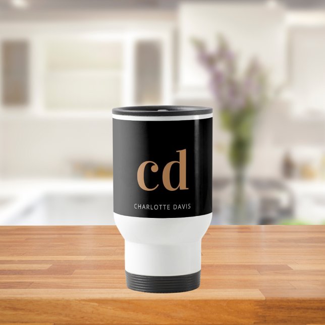 Black gold monogram initials modern elegant custom travel mug (Creator Uploaded)