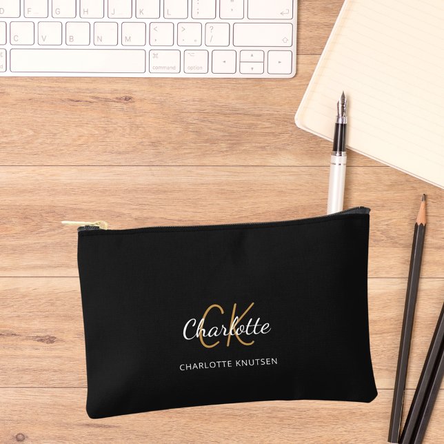 Black gold monogram initials name accessory pouch (Creator Uploaded)