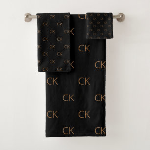 Black gold monogram initials name bath towel set