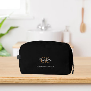 Black gold monogram initials name dopp kit