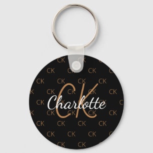 Black gold monogram initials name  keychain