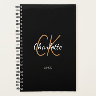 Black gold monogram initials name minimalist 2025 planner