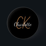 Black gold monogram initials name minimalist 2 inch round button<br><div class="desc">Black background,  golden and white text. Personalize and add your monogram initials and name.  The name is written with a mothern hand lettered style script.</div>