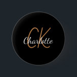 Black gold monogram initials name minimalist 2 inch round button<br><div class="desc">Black background,  golden and white text. Personalize and add your monogram initials and name.  The name is written with a mothern hand lettered style script.</div>