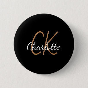 Black gold monogram initials name minimalist 2 inch round button
