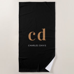 Black gold monogram initials name minimalist beach towel