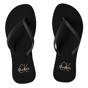 Black gold monogram initials name minimalist flip flops