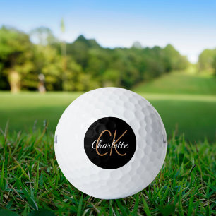 Black gold monogram initials name minimalist golf balls