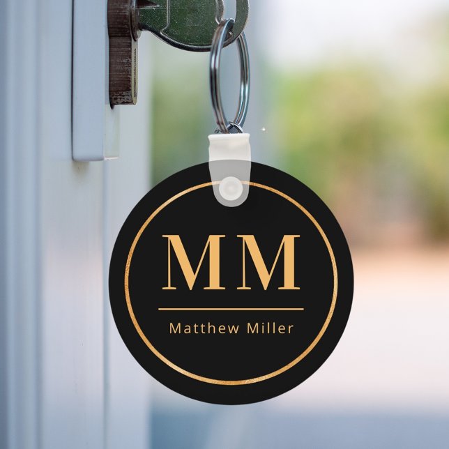 Black gold monogram initials name minimalist  keychain (Creator Uploaded)
