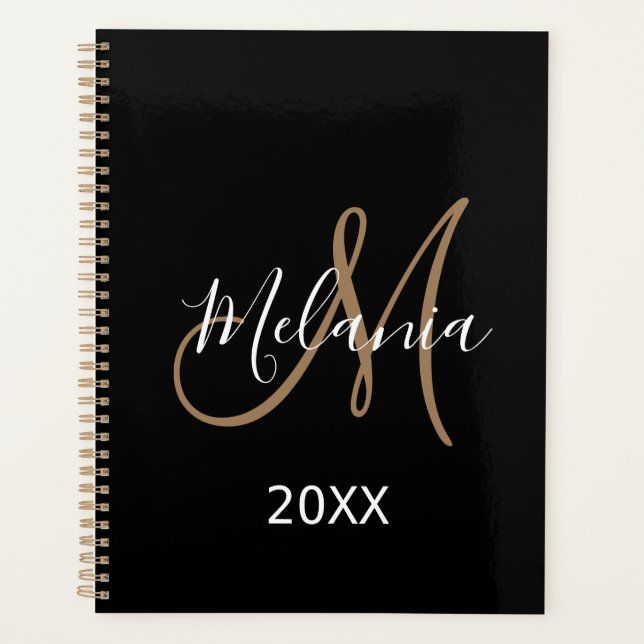 Black Gold Monogram initials name modern 2024 Planner (Front)