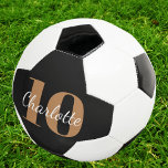 Black gold monogram initials name number soccer ball<br><div class="desc">A stylish black background,  white and golden coloured text. Personalize and add your name and player number.</div>