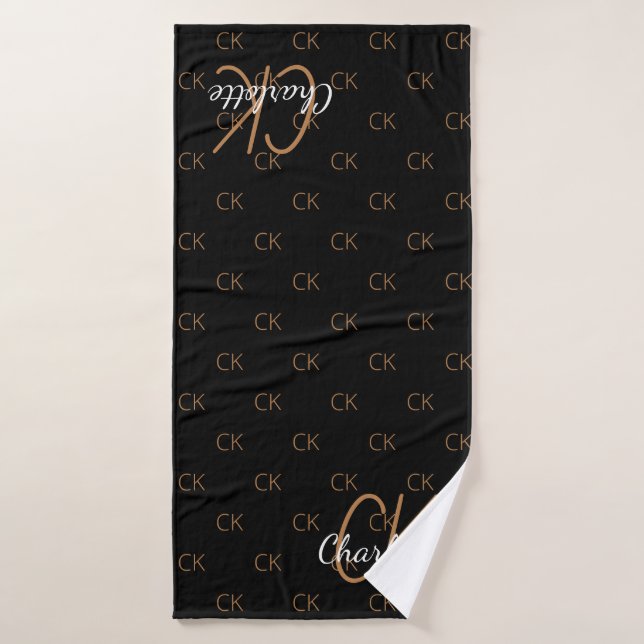 Black gold monogram initials name script elegant bath towel (Bath Towel)