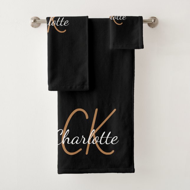 Black gold monogram initials name script elegant bath towel set (Insitu)