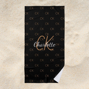 Black gold monogram initials name script elegant beach towel