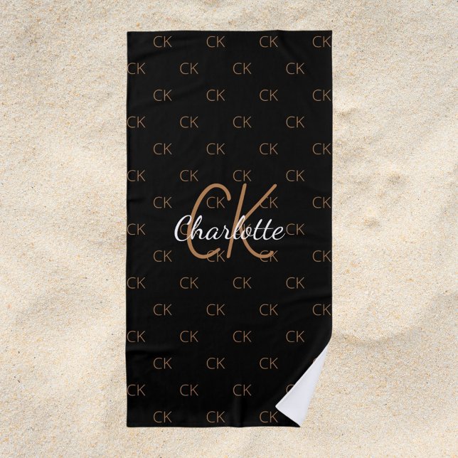Black gold monogram initials name script elegant beach towel (Creator Uploaded)
