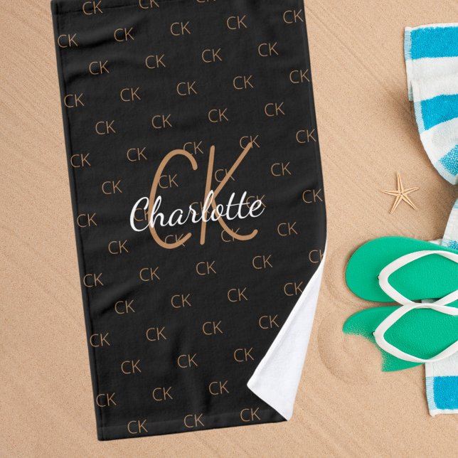 Black gold monogram initials name script elegant hand towel (Creator Uploaded)