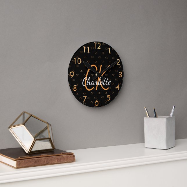 Black gold monogram initials name script elegant round clock (Office)