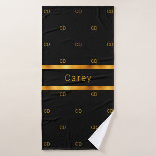 Black gold monogram initials pattern name bath towel