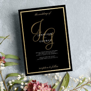 Black gold monogram initials romantic wedding  invitation